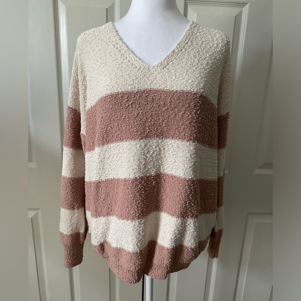 Knox Rose Stripes Knit Sweater, V-Neck, Cream/Blush, Large